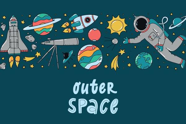 Space banner decorated with doodles and quote. Good for posters, greeting cards, banners, invitations, templates, prints, etc. EPS 10