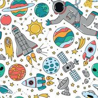 creative seamless pattern with space doodles on white background. Nursery textile prints, scrapbooking, wrapping paper, apparel, wallpaper, etc. EPS 10 vector