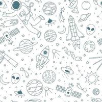 space seamless pattern decorated with hand drawn doodles on white background. Good for posters, prints, cards, signs, wrapping paper, textile, scrapbooing, wallpaper, etc. EPS 10