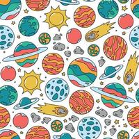 Space seamless pattern with hand drawn planets and asteoids. Good for nursery room textile prints, kids apparel, wrapping paper, scrapbooking, wallpaper, backgrounds, etc. EPS 10 vector