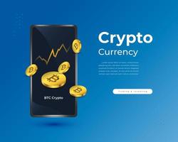 Bitcoin Cryptocurrency with Pile of Golden Bitcoin Come Out from Smartphone and Growth Chart vector
