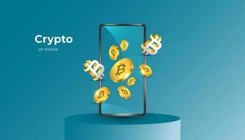 la criptomoneda bitcoin con un montón de bitcoins dorados sale del teléfono inteligente en el podio vector