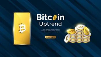 diseño de banner de criptomoneda bitcoin con pila de bitcoin dorado y teléfono inteligente vector