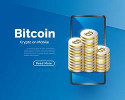 Pile of Gold Bitcoins with Smartphone Isolated on Blue Background. Bitcoin Cryptocurrency on Mobile vector