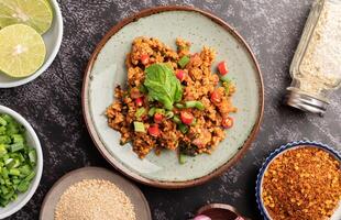 Spicy minced pork salad with chili flakes, lime, chopped green onions, chilli and roasted rice. photo