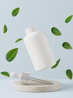 A mock up of  realistic White blank cosmetic bottle isolated on light background with some leafs, 3d rendering , 3D illustration photo