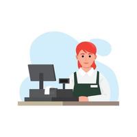 Woman worker with cashier desk, flat vector illustration