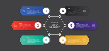 diagrama infográfico de seis opciones hexagonales, ilustración de vector de plantilla colorida