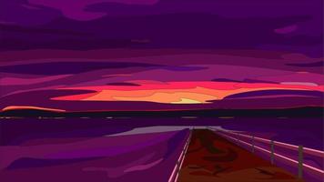 Abstract landscape of sunset or dawn vector, Landscape in purple tones by the bright sun. Departing Pier. Landscapes illustration. Landscape for photo wallpaper, screensavers vector