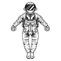 astronaut spaceman flying hovering, black and white hand drawn vector illustration
