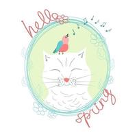 white happy cat with closed eyes, pink singing bird with blue wings, music signs and handwritten inscription hello spring in pink in an oval blue frame vector