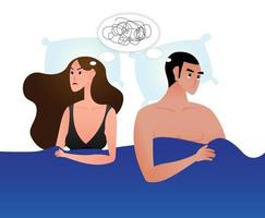 Unhappy couple lying in bed suffer from sexual problems. upset stressed man and woman struggle with relationship troubles. family fight, divorce or split. flat vector illustration