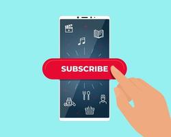 Online subscription services on smartphone screen. Finger press subscribe button to access entertainment media, education, treatment and food supply content. Mobile app promo banner eps illustration vector