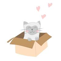 lindo gatito en caja día de san valentín sorpresa corazones voladores vector