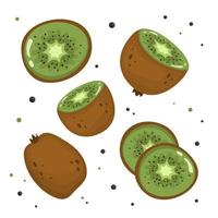 Juicy kiwi fruits for a healthy lifestyle. Kiwi, whole fruit and half. Vector illustration in cartoon style on an isolated layer for any design