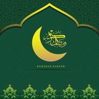 Ramadan kareem with Arabic calligraphy, crescent moon, Islamic border and pattern vector