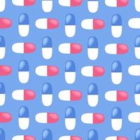 Pharmacy seamless tile pattern. Healthcare blue background. Colorful medical capsules. Vector flat illustration