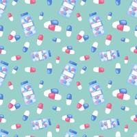 Medical pills seamless background. Pharmacy pattern. Colorful pills, tablets and capsules. Vector flat illustration