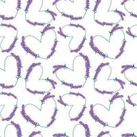 Lavender flowers white pattern. Vector seamless background with floral hearts of Lavender blossom. Spring and love illustration