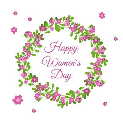Happy Womens Day greeting card. Floral round frame isolated. Cute pink flowers vignette. Vector hand drawn illustration