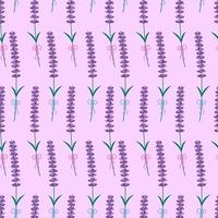 Lavender flowers seamless pattern. Vector pink background with isolated Lavender blossom stems. Spring design with floral elements