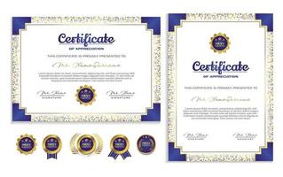 Blue and gold certificate of achievement border template with luxury badge and modern dot pattern vector