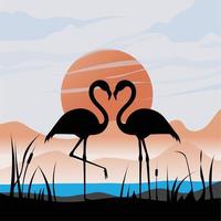 silueta de dos flamencos en forma de vector de corazón