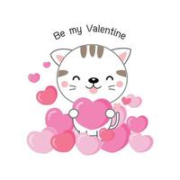 Cute cat holding pink hearts. Be my Valentine. vector