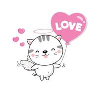 Cute cat cupid holding pink ballon. vector