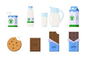 Snack Product Set. Flat Style. Collection of cookie, chocolate and Milk in different package for logo, label, sticker, print, recipe, menu, decor and decoration vector