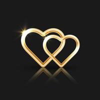 Two decorative golden hearts with reflection on a black background. Vector illustration