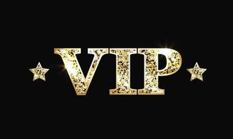 Golden glittering vip text with stars on black background. Very important person. Luxury vector design