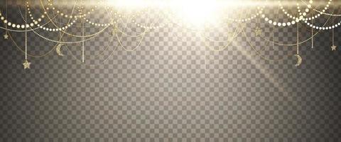 Abstract background with many golden garlands and a big bright flash of light. vector