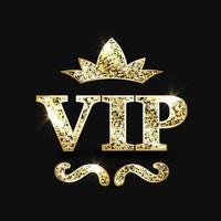 Golden glittering big crown and vip text on black background. Very important person. Luxury vector design