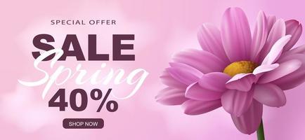 Special offer Spring sale banner with realistic pink chrysanthemum flower on a pink background and advertising discount text decoration. Vector illustration.