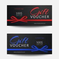 Set of gift vouchers with red, blue ribbons and bows. Template for a festive gift coupon, invitation and certificate. Vector Illustration