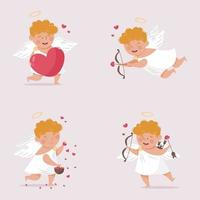 Vector Cupid image set in flat style. Love, the 14th of February and Saint Valentine's Day symbol. Angel with wings or Amur holding red heart and shooting arrows from a bow.