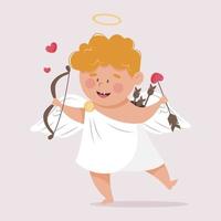 The 14th of February and Saint Valentine's Day symbol - happy baby boy Cupid with bow and arrows. Vector illustration in flat style.