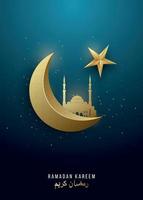 Ramadan Kareem. 3D gold crescent moon, star and mosque on gradient green background. vector