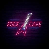 Rock cafe neon sign. Light night signboard with guitar for bar, cafe, karaoke. vector