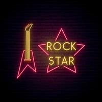 Rock Music neon sign. Bright light guitare and star emblem for Rock Pub, Cafe, Karaoke. vector