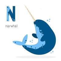 Animals alphabet. N for narwhal vector