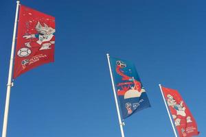 Sochi, Krasnodar region-June 14, 2018- Flags of the world Cup 2018 against the blue sky. photo