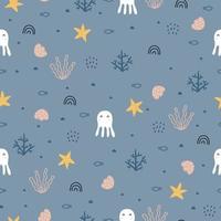 squid with coral Sea life seamless cartoon background Used for clothing patterns, prints, wallpapers, vector illustrations