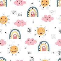 Seamless baby pattern rainbow with clouds on white background, hand drawn, designed in a cartoon style. Used for prints, decorative wallpaper, baby clothes motifs, textiles Vector Illustration