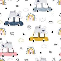 coche de patrones sin fisuras de guardería con texturas lindas de koala para ropa de cama de bebé, telas, papel pintado, papel de envolver, textiles, impresión de camisetas vector