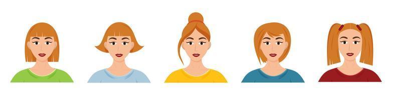 Different types of women's hairstyles. Set of beautiful young girls with different hairstyles. Vector cartoon style