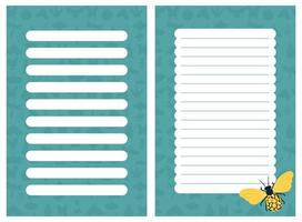 Weekly or daily planner, note paper, to-do list, sticker templates decorated with yellow beetle. Flat vector