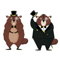 feliz dia de la marmota. conjunto de dos marmotas elegantes aisladas en un fondo blanco. ilustración vectorial vector