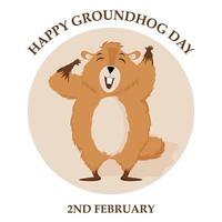 Happy Groundhog Day. Design of a funny and cute groundhog character for the design of banners, websites, fabric prints, stickers, icons. Vector cartoon style.